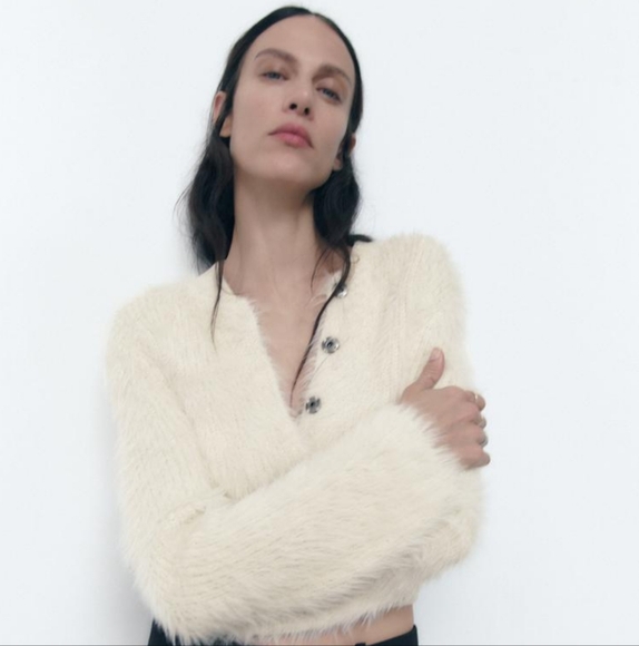 ZARA Faux fur cream cardigan. Size Medium NWT - Picture 2 of 16